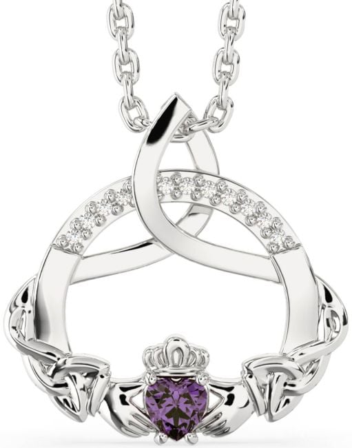 Diamond Alexandrite Silver Claddagh Celtic Trinity Knot Necklace