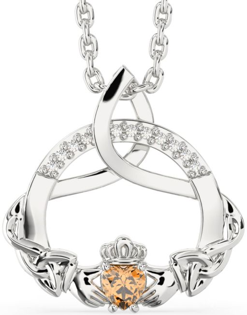 Diamond Citrine Silver Claddagh Celtic Trinity Knot Necklace