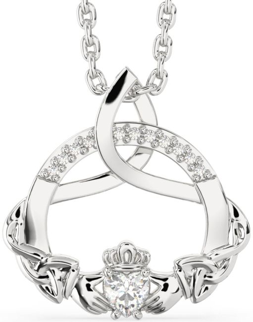 Diamond Silver Claddagh Celtic Trinity Knot Necklace