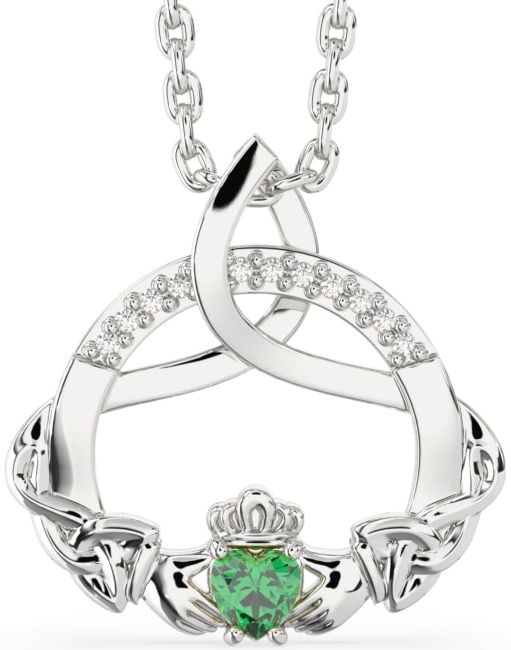 Diamond Emerald Silver Claddagh Celtic Trinity Knot Necklace