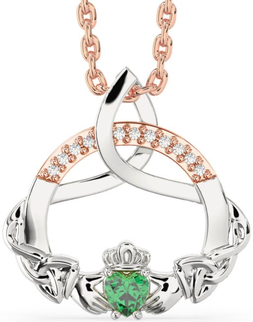 Diamond Emerald Rose Gold Silver Claddagh Celtic Trinity Knot Necklace