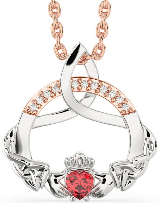 Diamond Ruby Rose Gold Silver Claddagh Celtic Trinity Knot Necklace