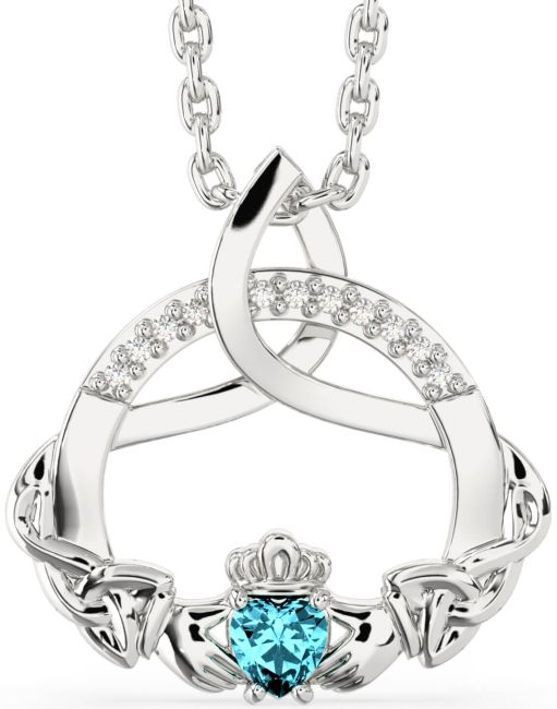Diamond Aquamarine White Gold Claddagh Celtic Trinity Knot Necklace