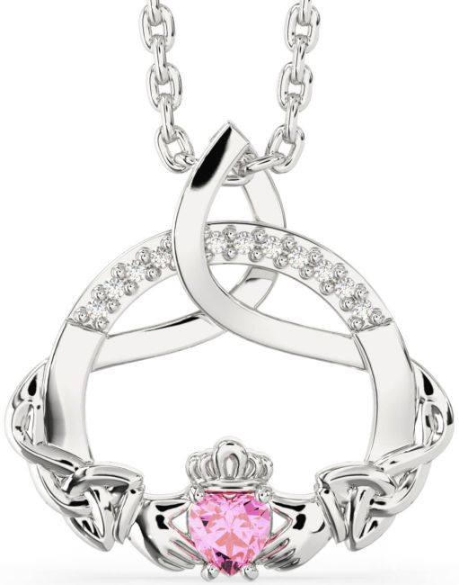 Diamond Pink Tourmaline White Gold Claddagh Celtic Trinity Knot Necklace