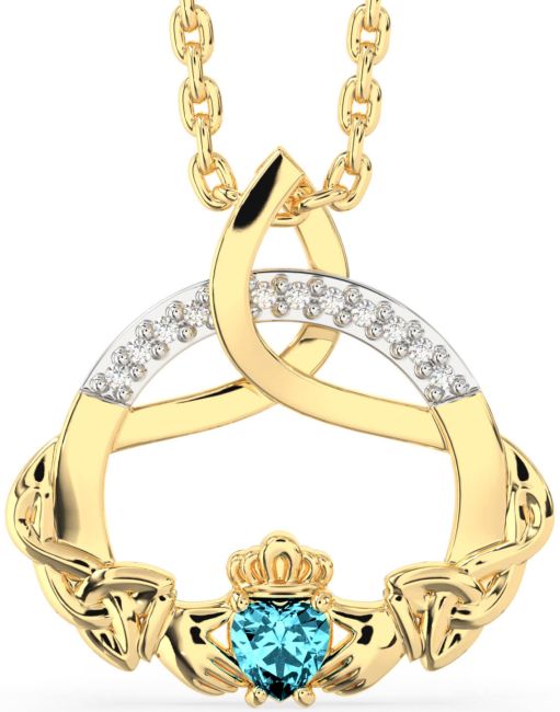 Diamond Aquamarine Gold Claddagh Celtic Trinity Knot Necklace