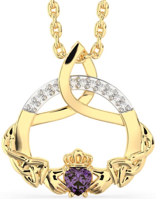 Diamond Alexandrite Gold Claddagh Celtic Trinity Knot Necklace