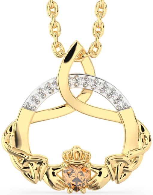 Diamond Citrine Gold Claddagh Celtic Trinity Knot Necklace