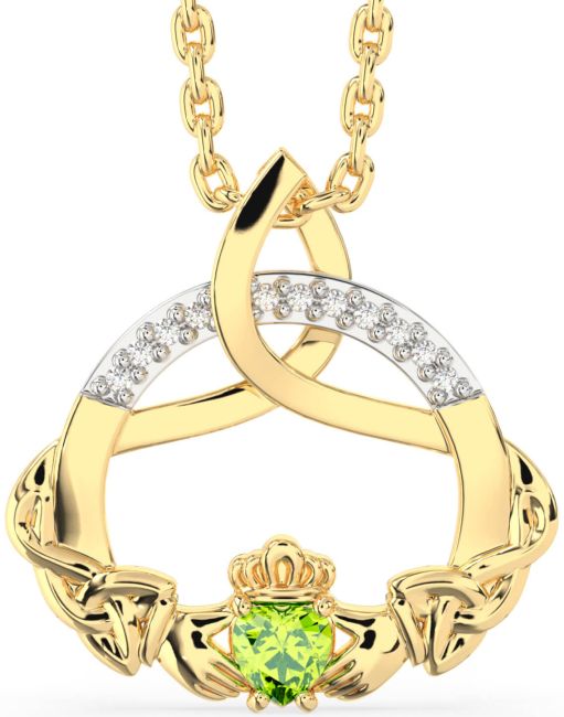Diamond Peridot Gold Claddagh Celtic Trinity Knot Necklace