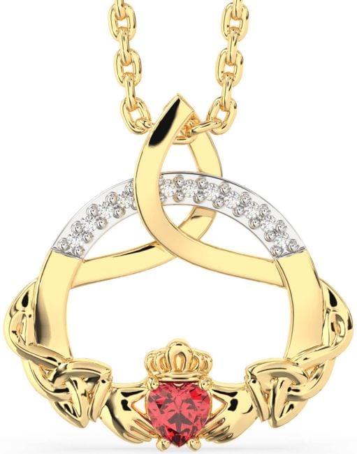 Diamond Ruby Gold Claddagh Celtic Trinity Knot Necklace