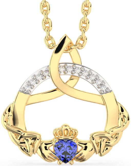 Diamond Sapphire Gold Claddagh Celtic Trinity Knot Necklace
