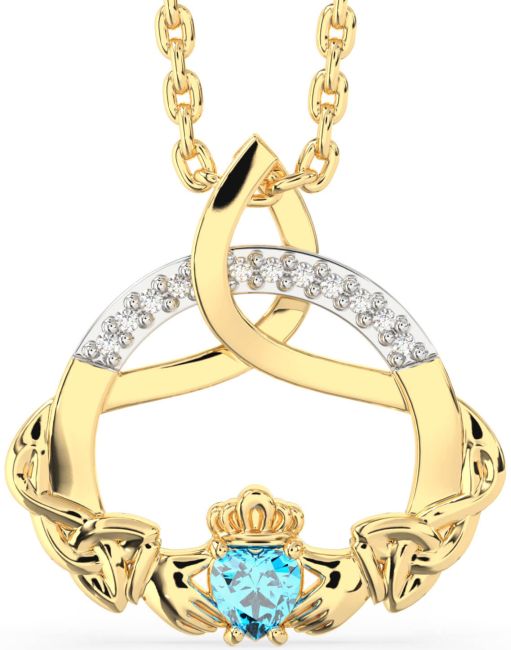 Diamond Topaz Gold Claddagh Celtic Trinity Knot Necklace