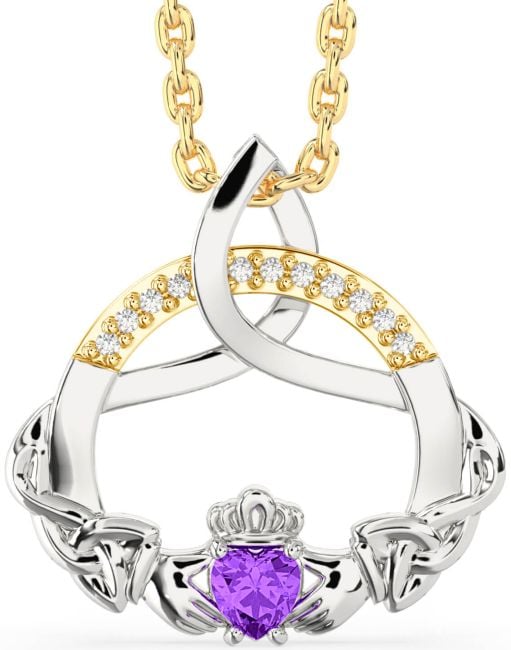 Diamond Amethyst White Yellow Gold Claddagh Celtic Trinity Knot Necklace