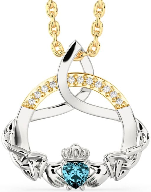 Diamond Aquamarine White Yellow Gold Claddagh Celtic Trinity Knot Necklace