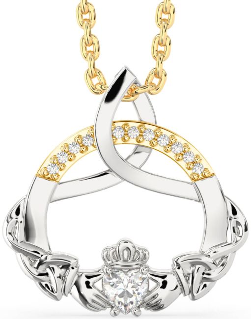 Diamond White Yellow Gold Claddagh Celtic Trinity Knot Necklace