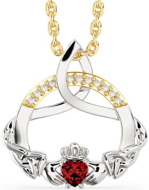 Diamond Garnet White Yellow Gold Claddagh Celtic Trinity Knot Necklace