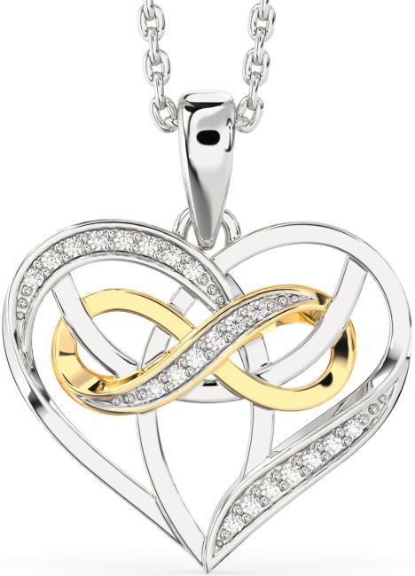 Diamond White Yellow Gold Celtic Trinity Knot Infinity Heart Necklace