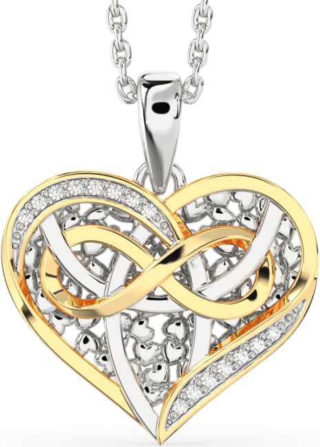 Diamond White Yellow Gold Celtic Trinity Knot Heart Infinity Necklace