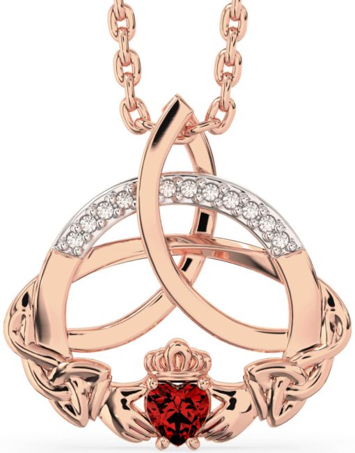 Diamond Garnet Rose Gold Silver Claddagh Celtic Trinity Knot Necklace