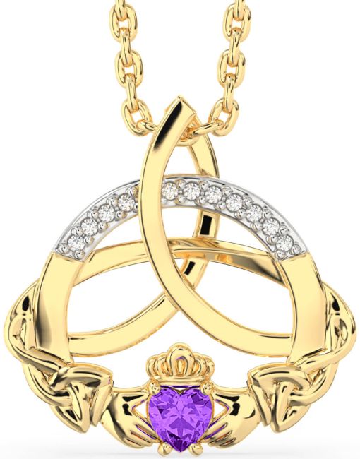 Diamond Amethyst Gold Silver Claddagh Celtic Trinity Knot Necklace