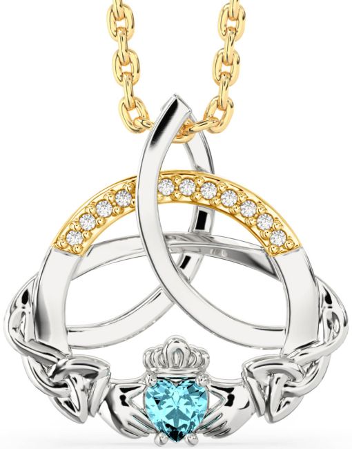 Diamond Aquamarine Gold Silver Claddagh Celtic Trinity Knot Necklace