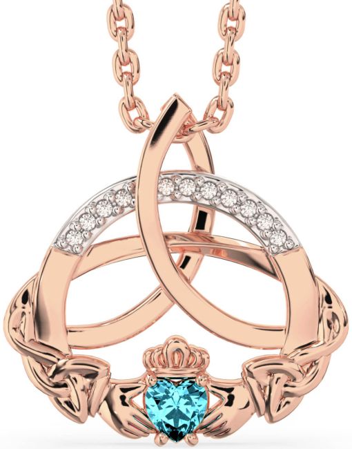 Diamond Aquamarine Rose Gold Claddagh Celtic Trinity Knot Necklace