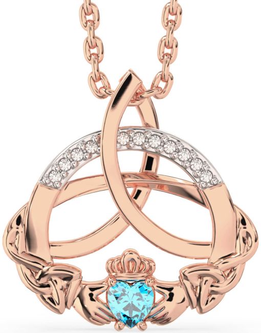 Diamond Topaz Rose Gold Claddagh Celtic Trinity Knot Necklace