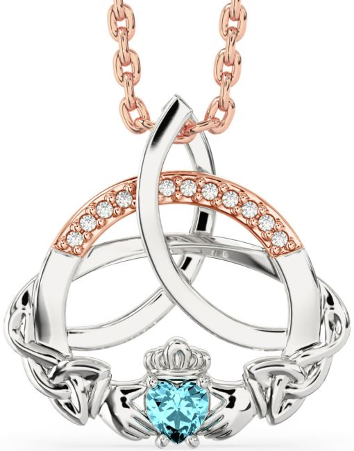 Diamond Aquamarine White Rose Gold Claddagh Celtic Trinity Knot Necklace