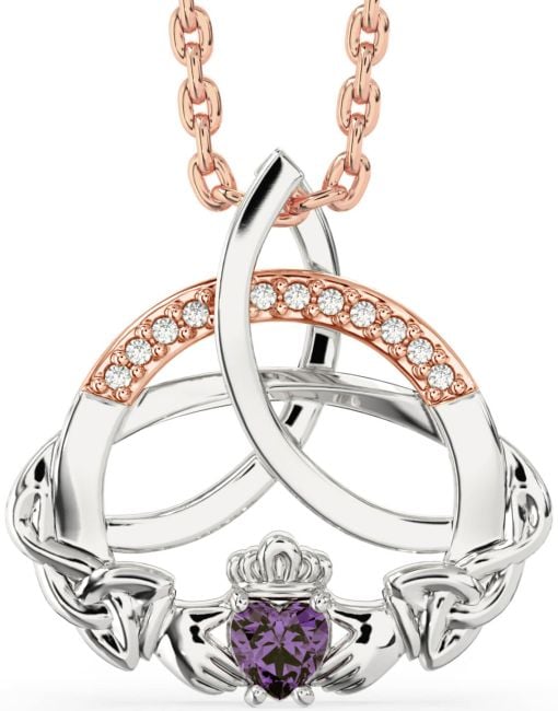 Diamond Alexandrite White Rose Gold Claddagh Celtic Trinity Knot Necklace