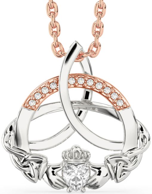 Diamond White Rose Gold Claddagh Celtic Trinity Knot Necklace