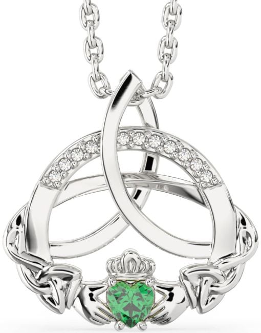 Diamond Emerald Silver Claddagh Celtic Trinity Knot Necklace