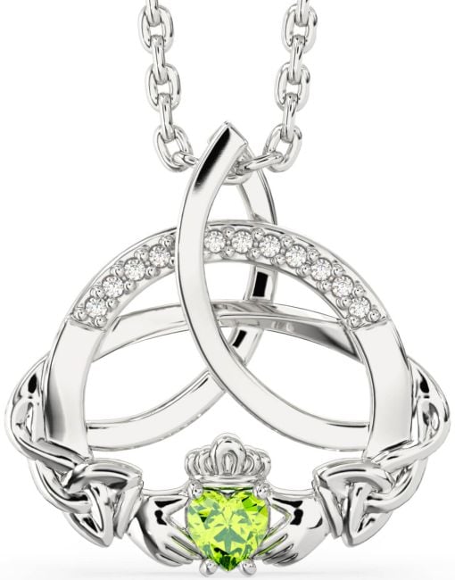 Diamond Peridot Silver Claddagh Celtic Trinity Knot Necklace