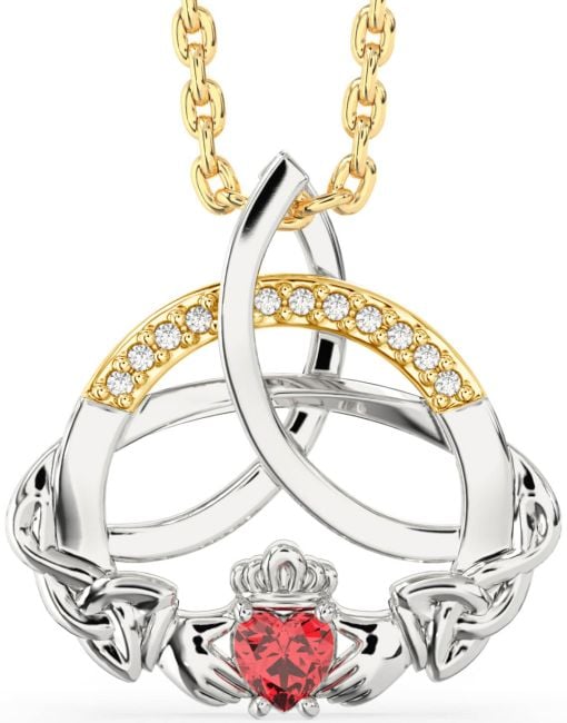 Diamond Ruby Gold Silver Claddagh Celtic Trinity Knot Necklace