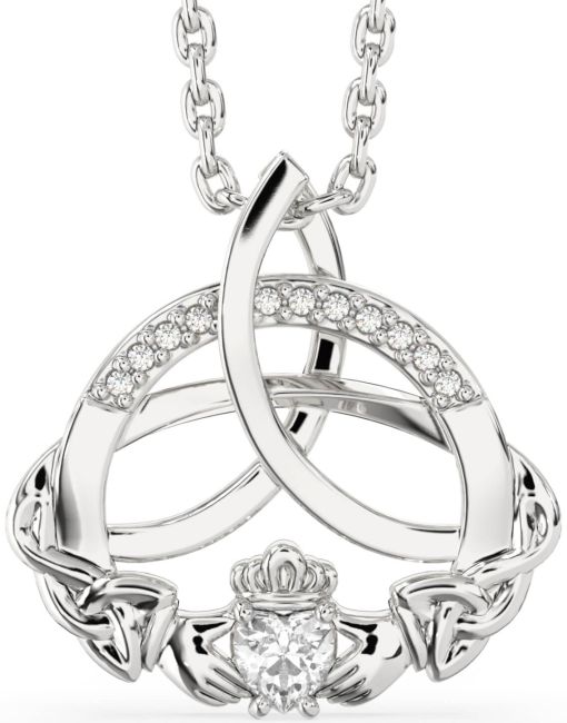 Diamond White Gold Claddagh Celtic Trinity Knot Necklace