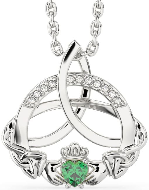 Diamond Emerald White Gold Claddagh Celtic Trinity Knot Necklace