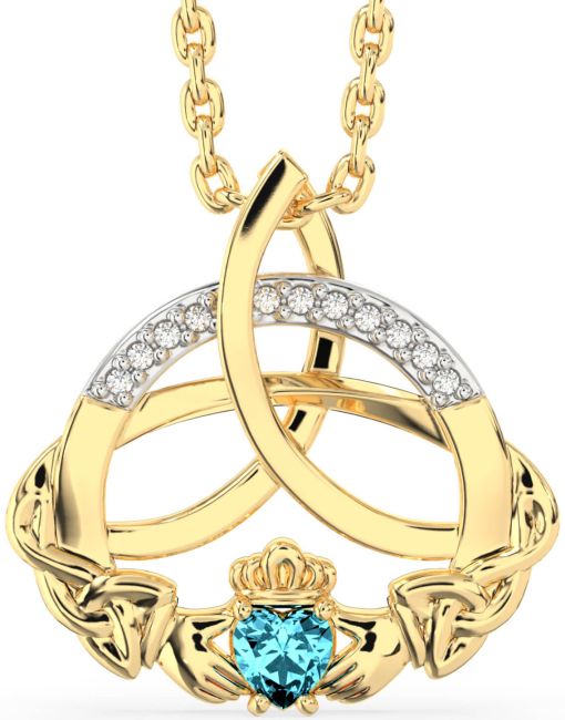 Diamond Aquamarine Gold Claddagh Celtic Trinity Knot Necklace