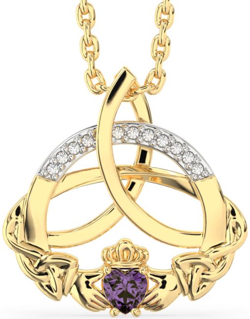 Diamond Alexandrite Gold Claddagh Celtic Trinity Knot Necklace