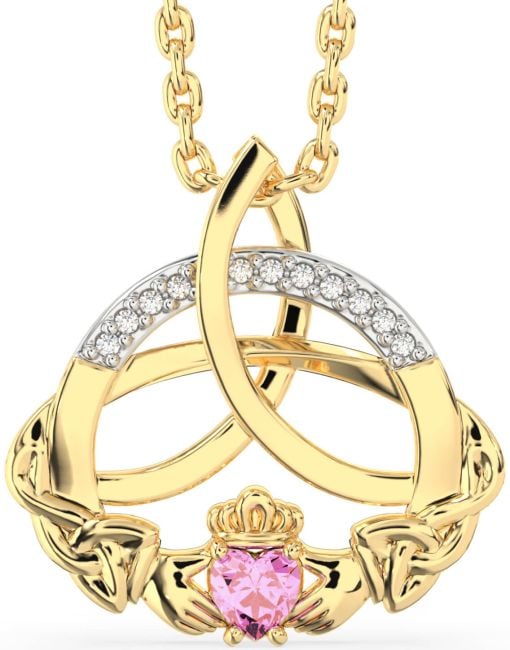 Diamond Pink Tourmaline Gold Claddagh Celtic Trinity Knot Necklace