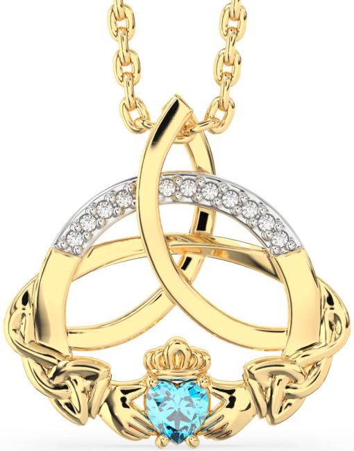 Diamond Topaz Gold Claddagh Celtic Trinity Knot Necklace