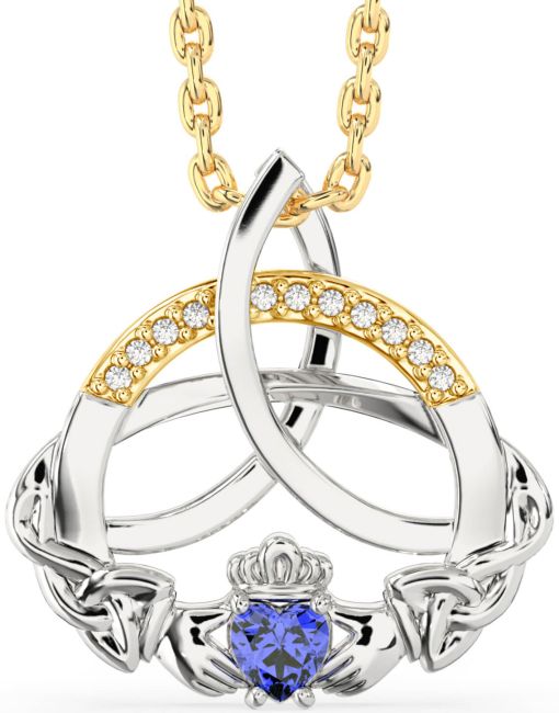 Diamond Sapphire White Yellow Gold Claddagh Celtic Trinity Knot Necklace