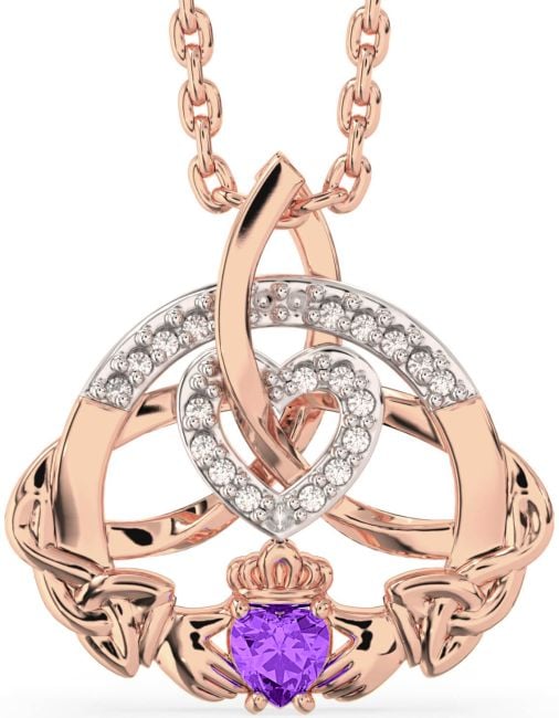 Diamond Amethyst Rose Gold Silver Claddagh Celtic Trinity Knot Heart Necklace