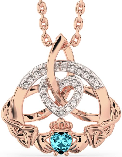 Diamond Aquamarine Rose Gold Silver Claddagh Celtic Trinity Knot Heart Necklace