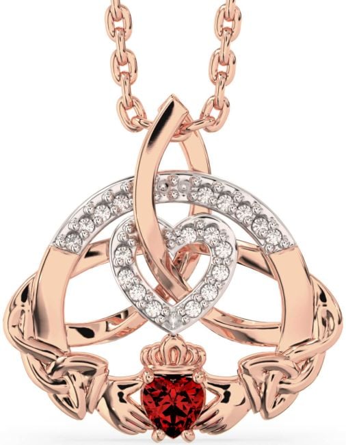 Diamond Garnet Rose Gold Silver Claddagh Celtic Trinity Knot Heart Necklace