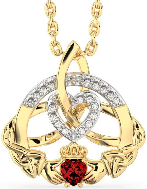 Diamond Garnet Gold Silver Claddagh Celtic Trinity Knot Heart Necklace