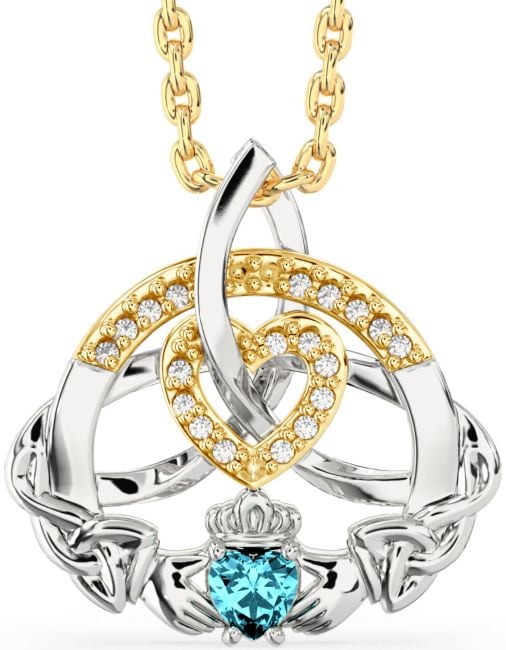 Diamond Aquamarine Gold Silver Claddagh Celtic Trinity Knot Heart Necklace