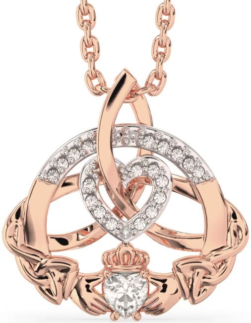 Diamond Rose Gold Claddagh Celtic Trinity Knot Heart Necklace