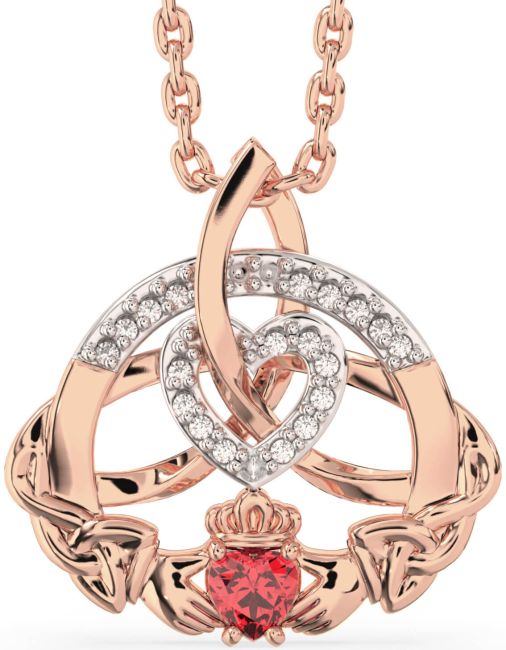 Diamond Ruby Rose Gold Claddagh Celtic Trinity Knot Heart Necklace