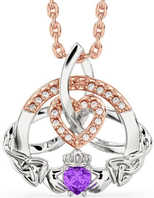 Diamond Amethyst White Rose Gold Claddagh Celtic Trinity Knot Heart Necklace