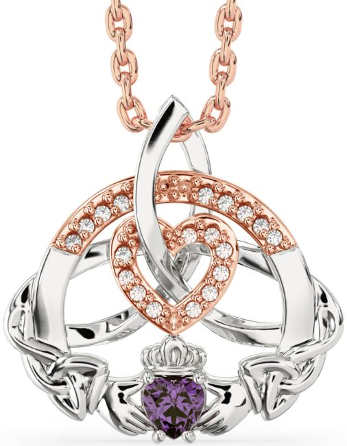 Diamond Alexandrite White Rose Gold Claddagh Celtic Trinity Knot Heart Necklace