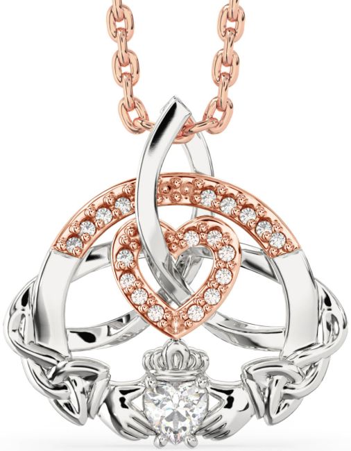 Diamond White Rose Gold Claddagh Celtic Trinity Knot Heart Necklace