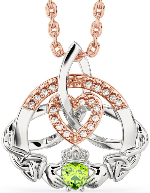 Diamond Peridot White Rose Gold Claddagh Celtic Trinity Knot Heart Necklace